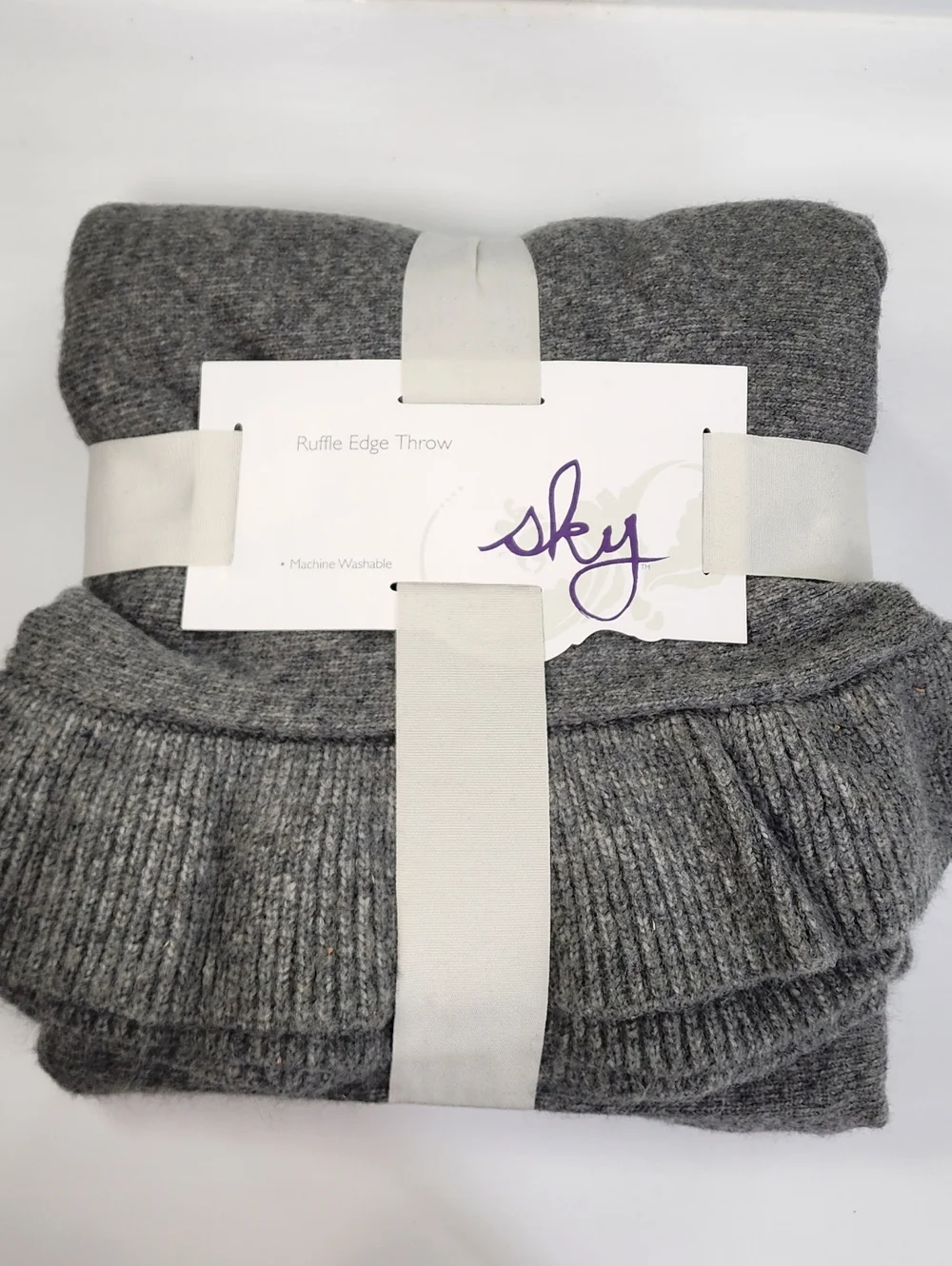 Sky Ruffle Edge Knit Throw Blanket Charcoal Gray Rectangular 50